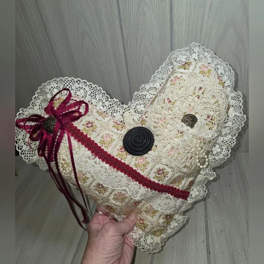 Vtg 80s Handmade Lace Ribbon Heart Shape Pillow Velvet Coquette Victorian Girlie